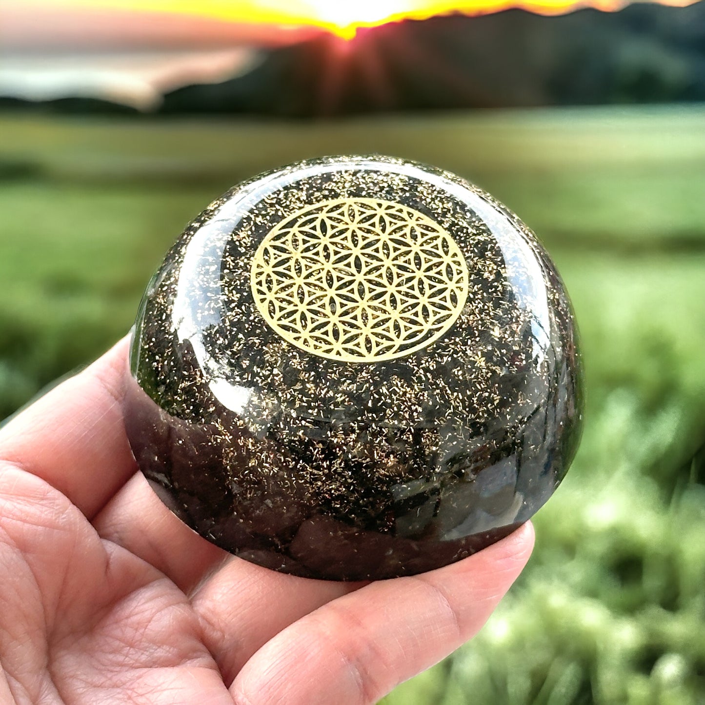 Black Tourmaline Orgonite Dome with Flower of Life Symbol (Protection & Shield) 60mm