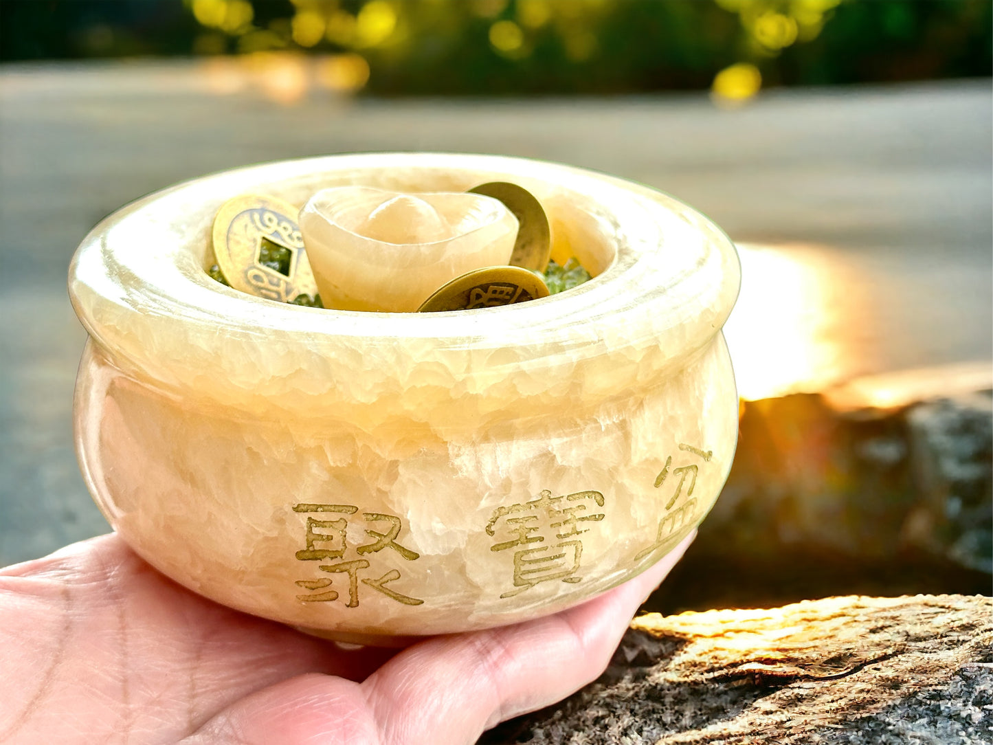 Attract Wealth Treasure Pot Golden Calcite with Free Peridot Chips, Ingot & Coins (Feng Shui)