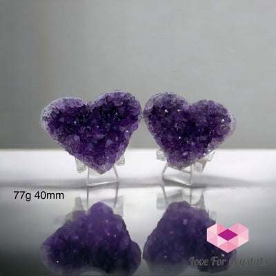 Amethyst Druse Twin Hearts With Stands (Uruguay) 77G 40Mm (Pair)