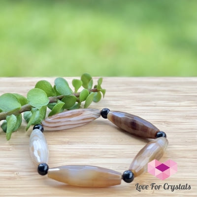 Banded Agate (Long Rice Shaped Bead) With Black Onyx Bracelet(Remedy For Stability And Protection)