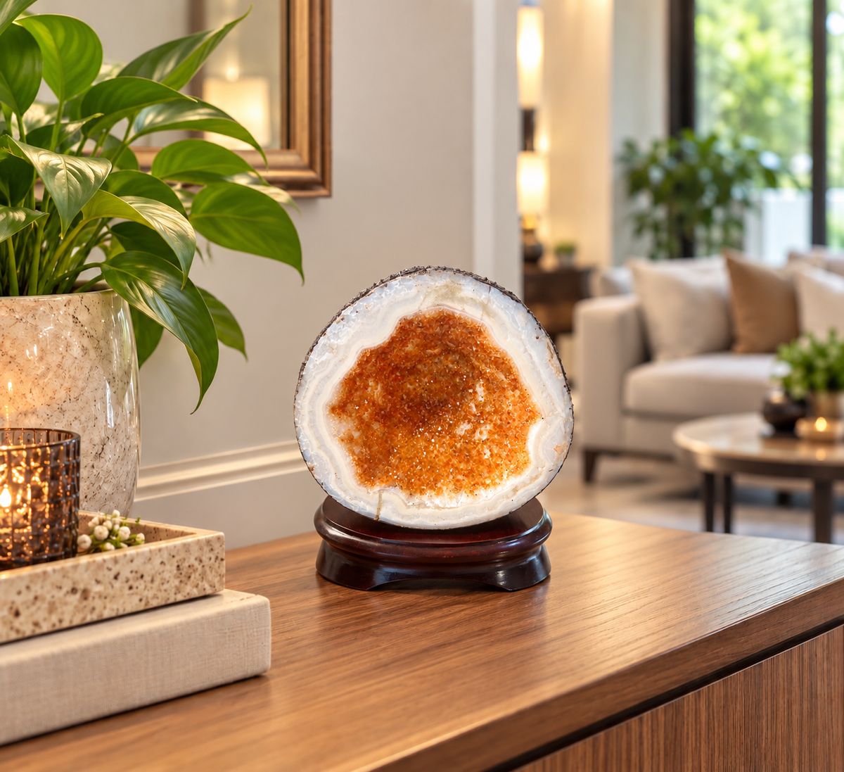 Citrine Wealth Bowl Geode (Brazil) with wooden stand