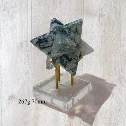 Money-Generating Moss Agate Merkaba with Acrylic Stand (Pre-activated and attuned)