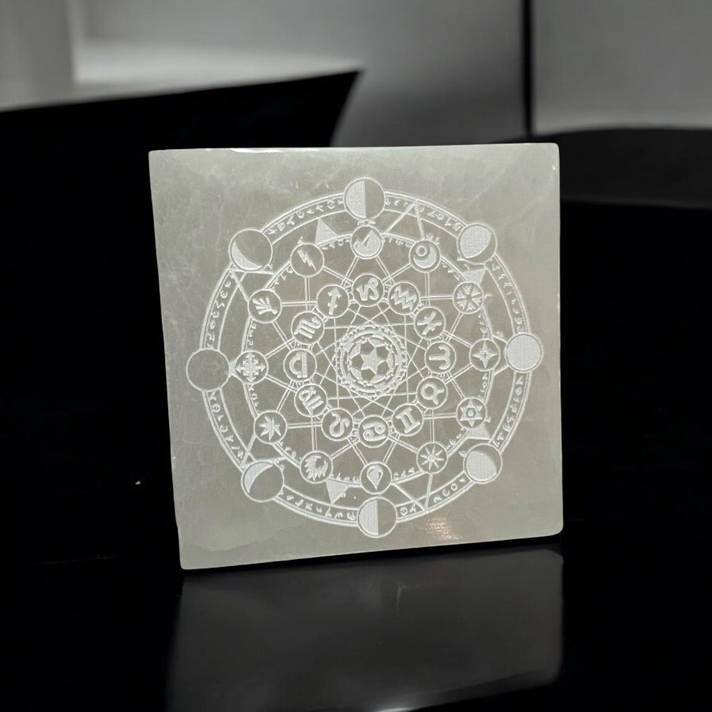 Zodiac Selenite Charging Square Plate 10cm (For Manifestation & Alignment) Pre-coded & Activated