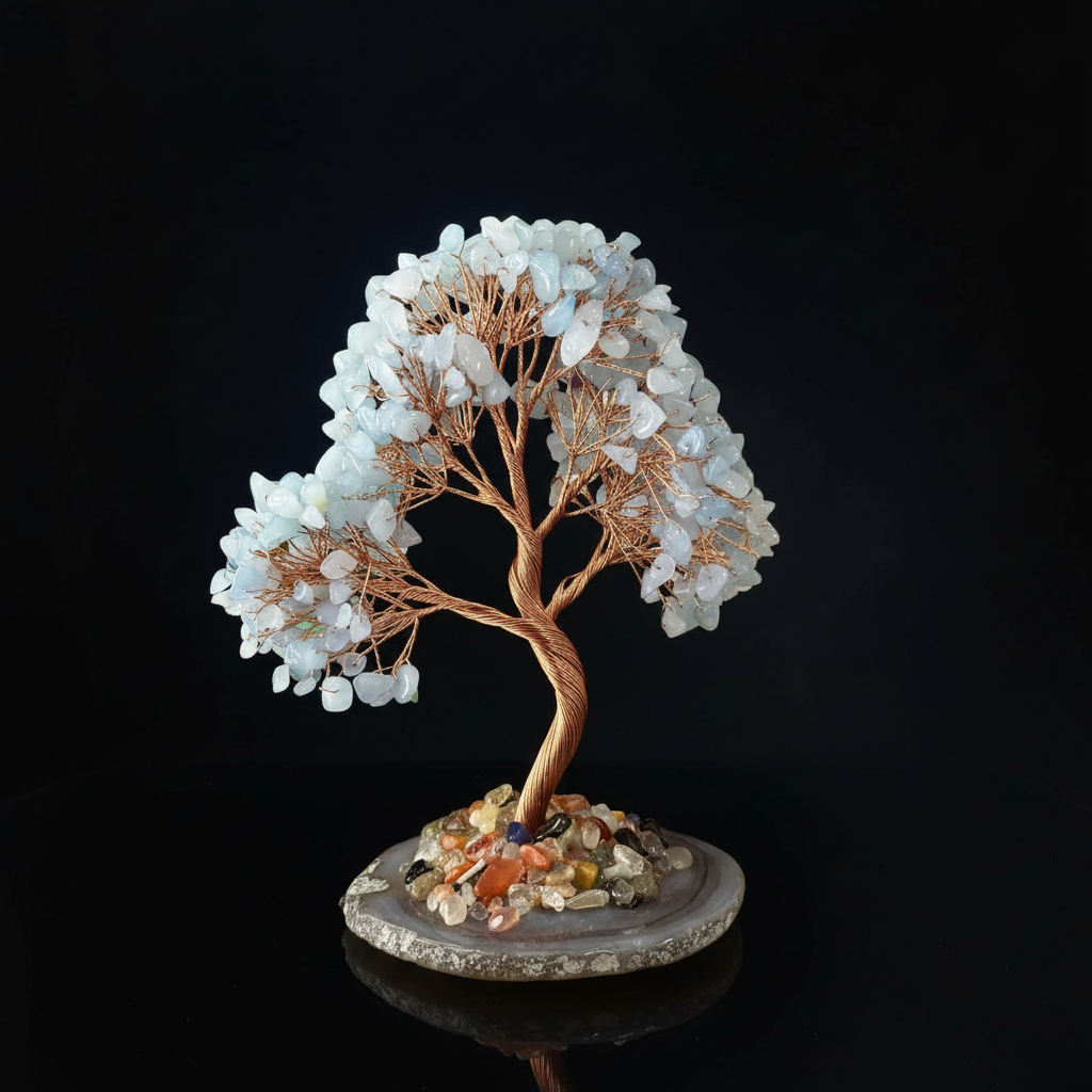 Aquamarine Wealth Tree on Agate Slice 10cm