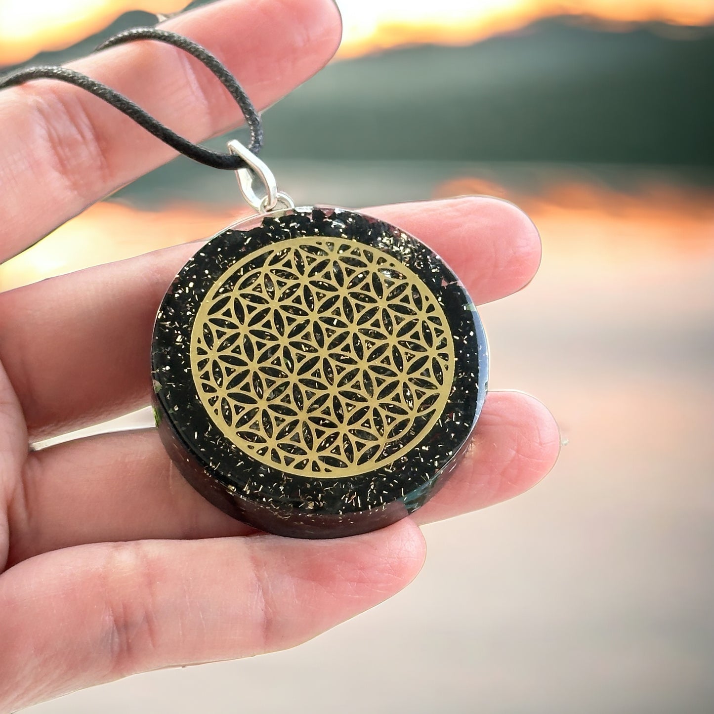 Black Tourmaline Orgonite Pendant with Flower of Life Symbol (Protection & Shield) 40mm