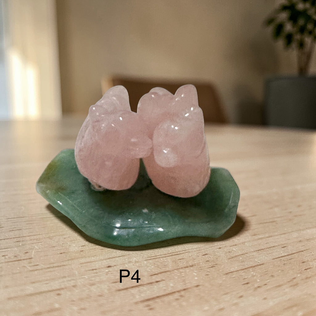 Mandarin Ducks Rose Quartz on Aventurine lotus leaf 30-35mm