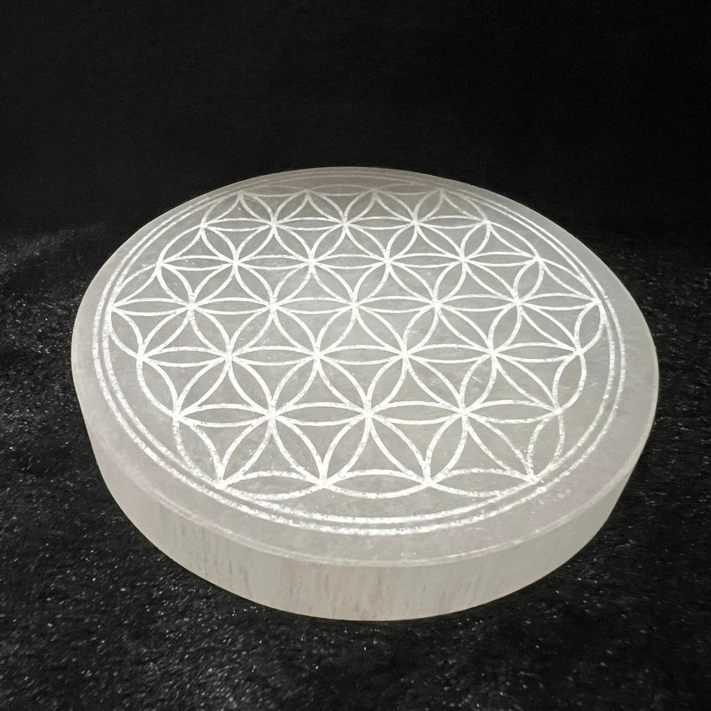 Selenite 10cm Flower of Life Charger with stand (Peru) Pre-coded, activated