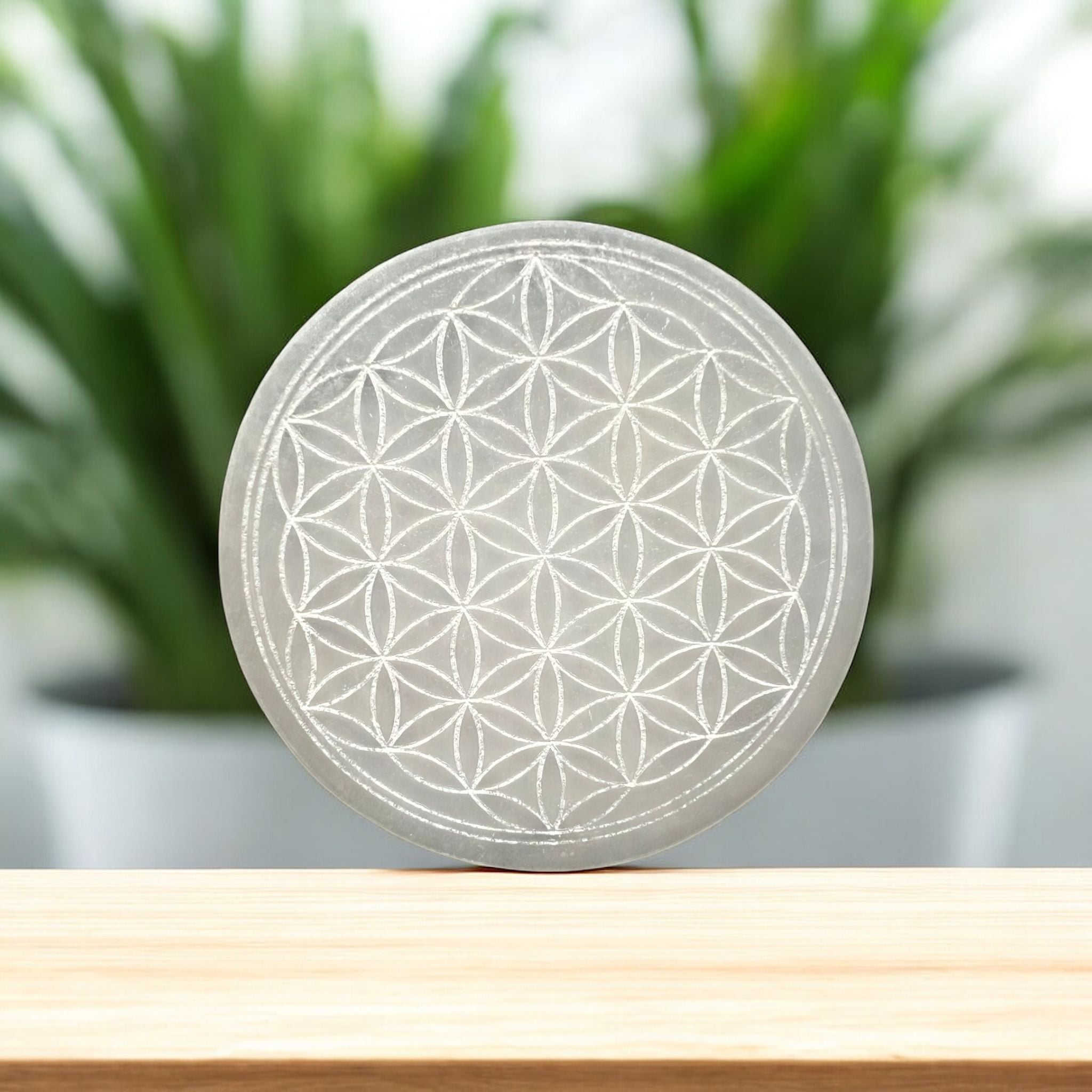 Selenite 10cm Flower of Life Charger with stand (Peru) Pre-coded, activated