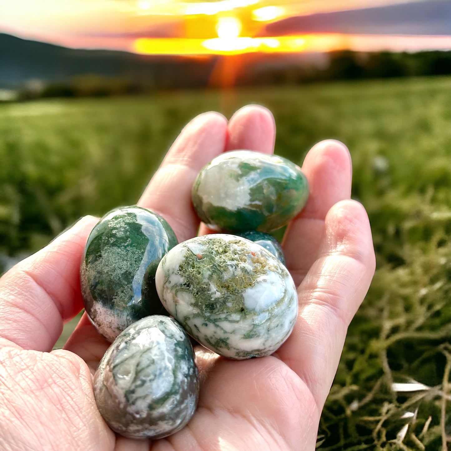 Moss Agate Tumbled Pebbles (30mm) Per Piece (Money Grows)