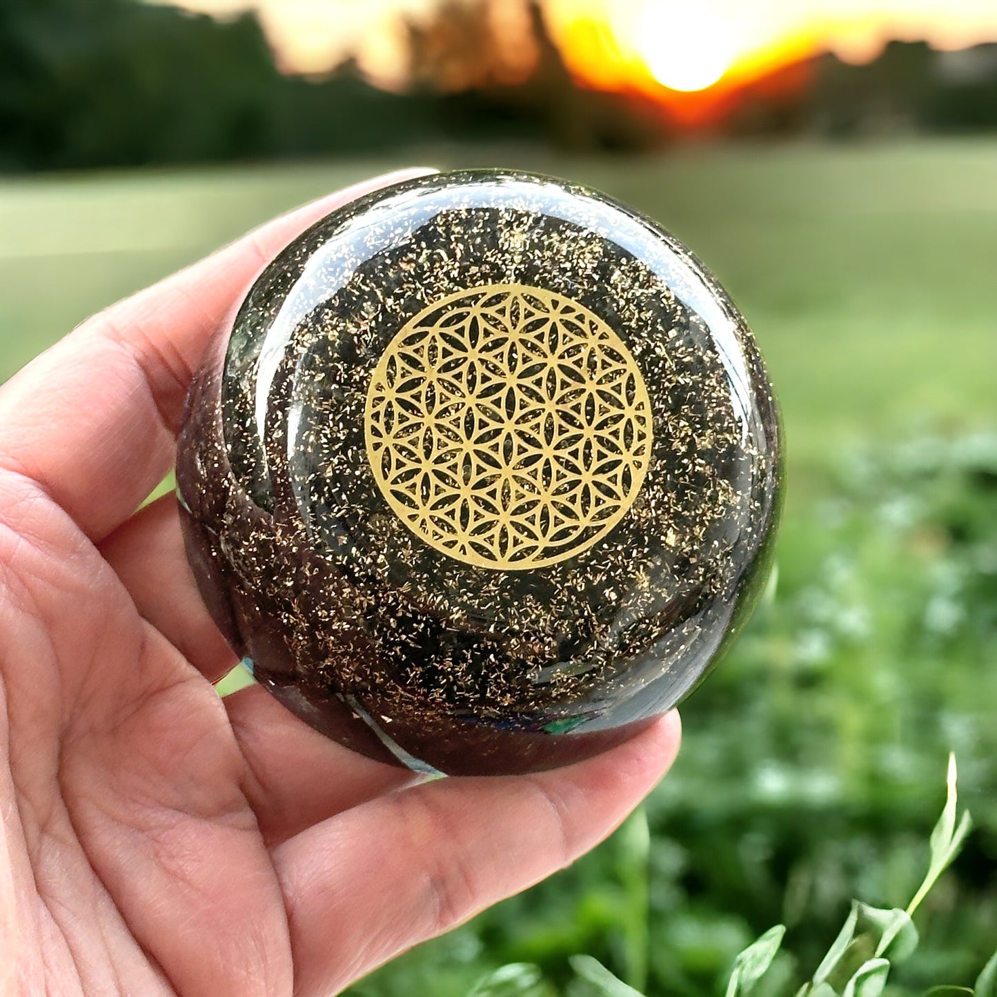 Black Tourmaline Orgonite Dome with Flower of Life Symbol (Protection & Shield) 60mm