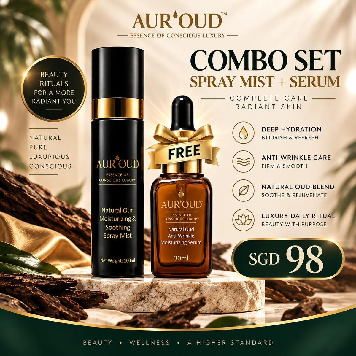 COMBO SET PROMOTION Aur'OUD Anti-Wrinkle Moisturizing Serum (Natural Agarwood OUD) and Spray Mist