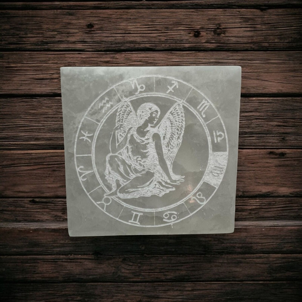 Angel Zodiac Selenite Charging Square Plate 10cm (For Manifestation & Alignment) Pre-coded & Activated