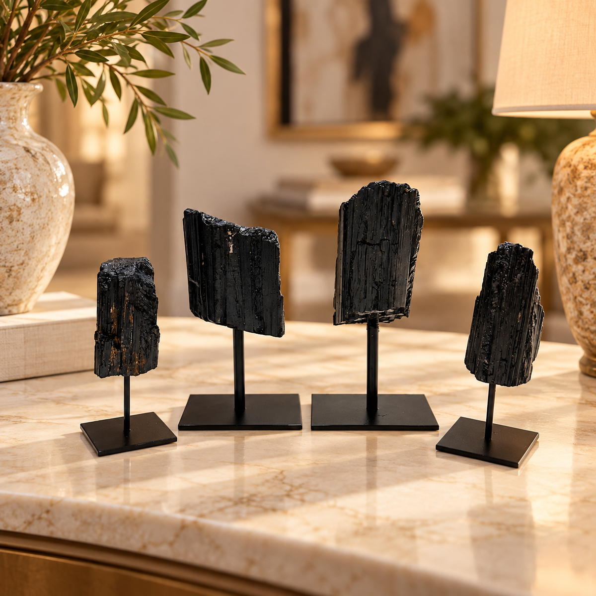 Black Tourmaline Raw Mounted on Black Metal Stand (Brazil) Protection Anchor