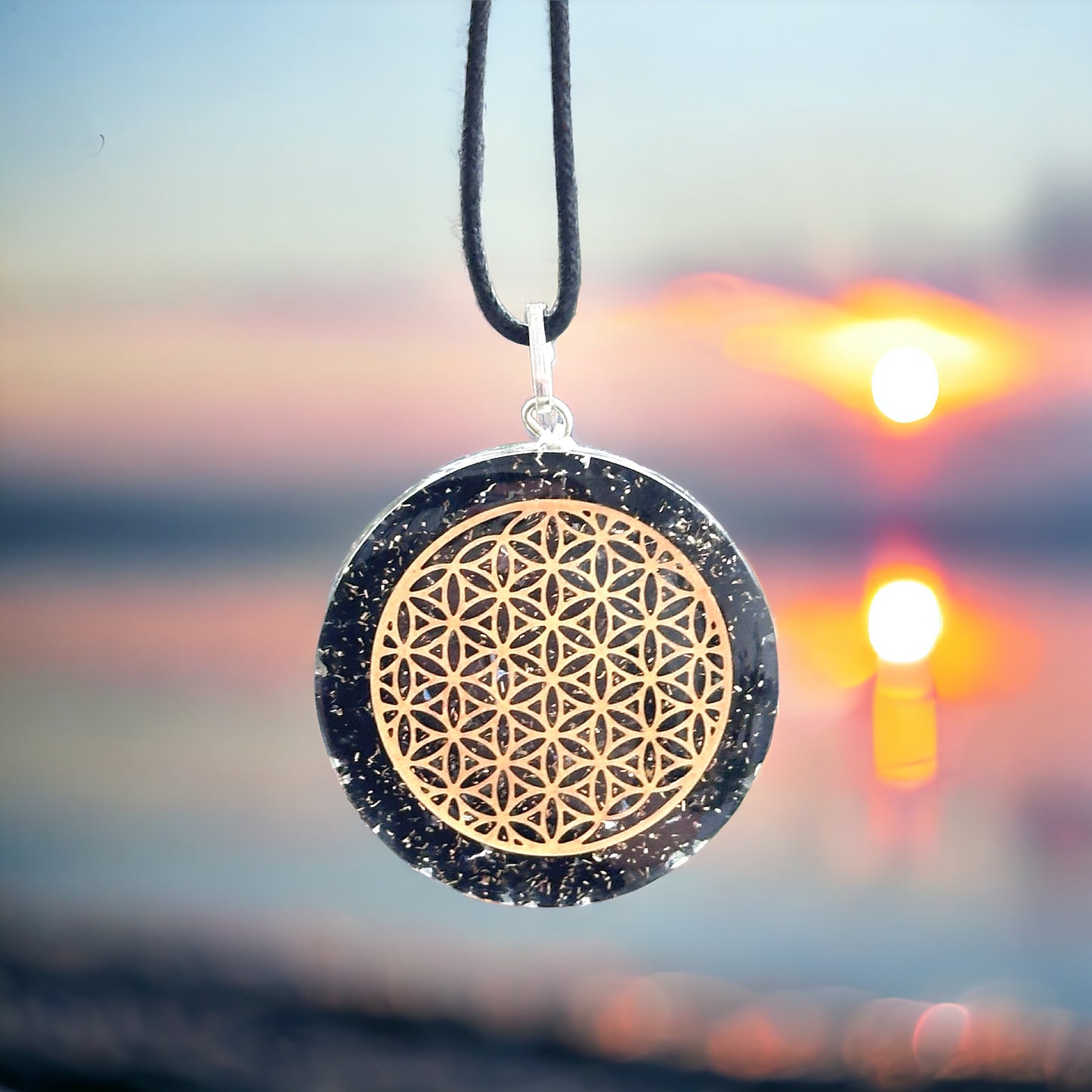 Black Tourmaline Orgonite Pendant with Flower of Life Symbol (Protection & Shield) 40mm