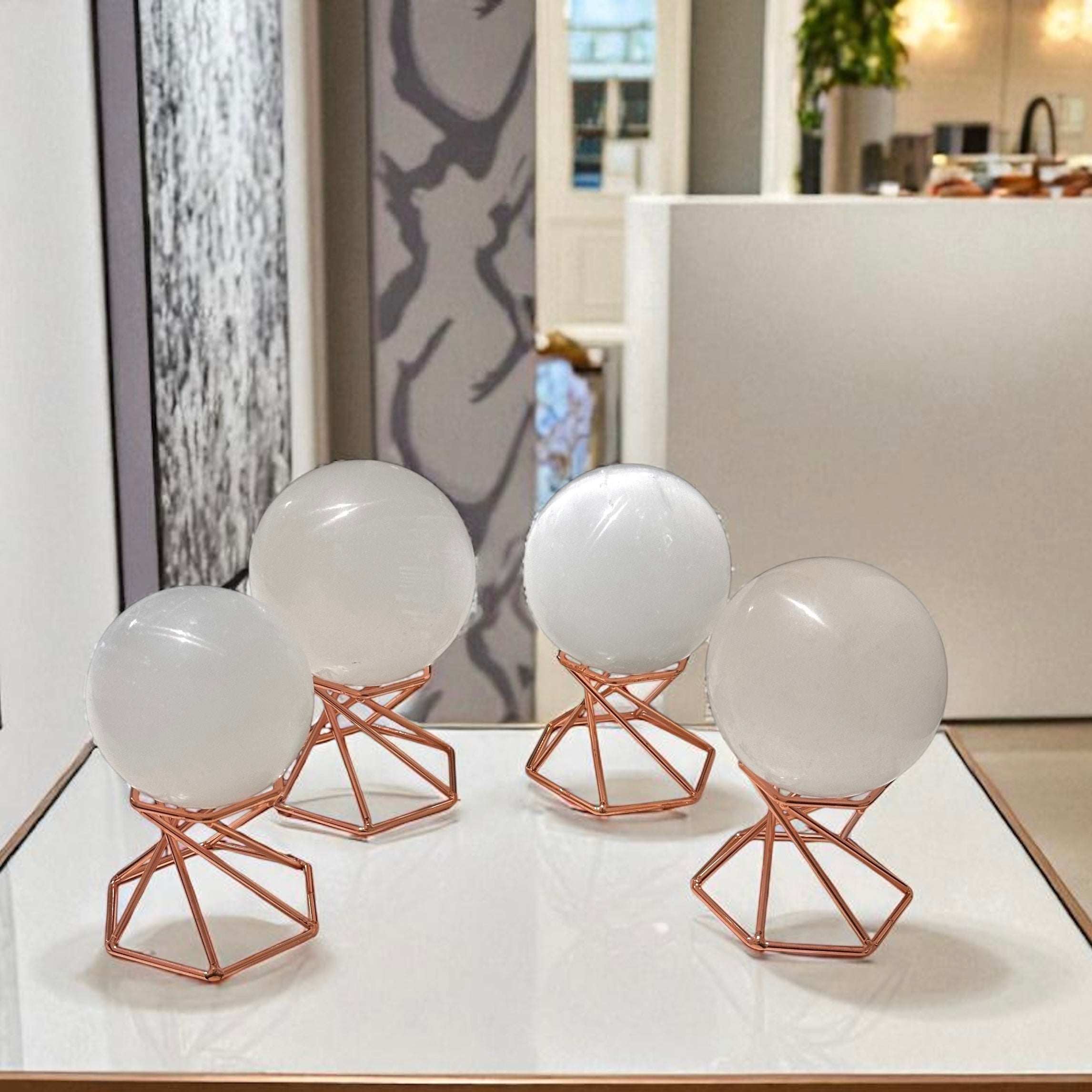 Selenite Sphere on Geometric Stand (Encoded & Blessed)