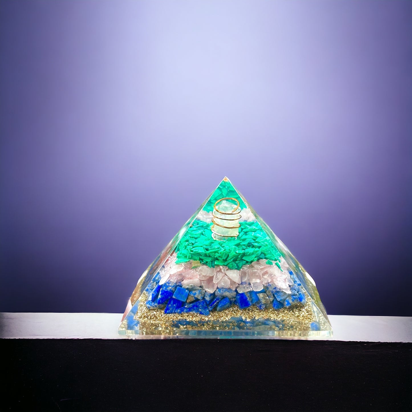 Malachite, Rose Quartz, Lapis Lazuli with Quartz Point Orgonite Pyramid 75mm (Higher Chakra Activator)