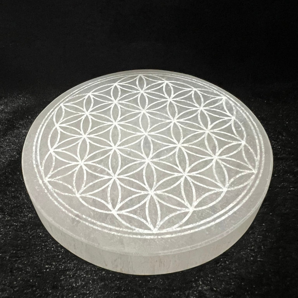 Selenite 10cm Flower of Life Charger with stand (Peru) Pre-coded, activated