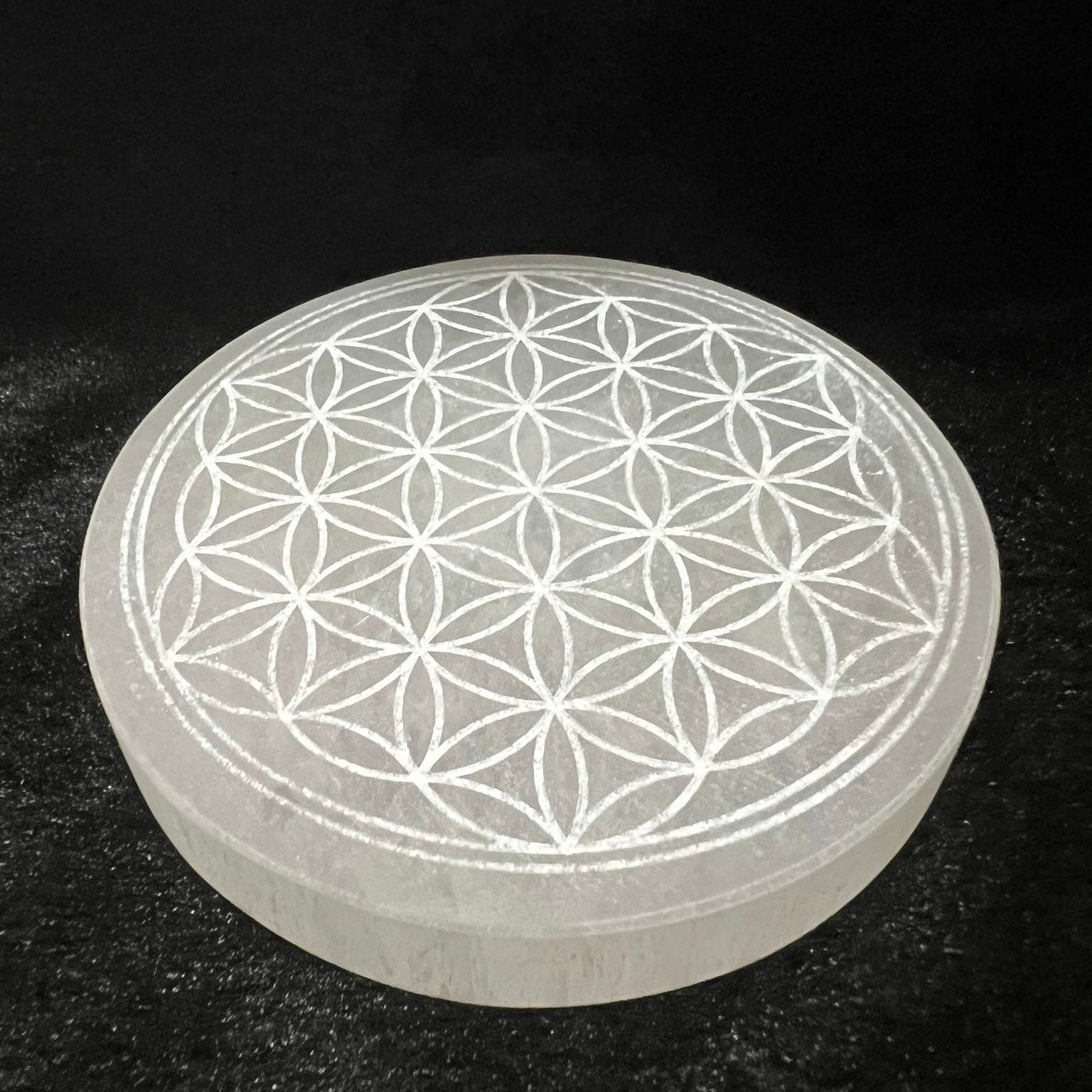 Selenite 10cm Flower of Life Charger with stand (Peru) Pre-coded, activated