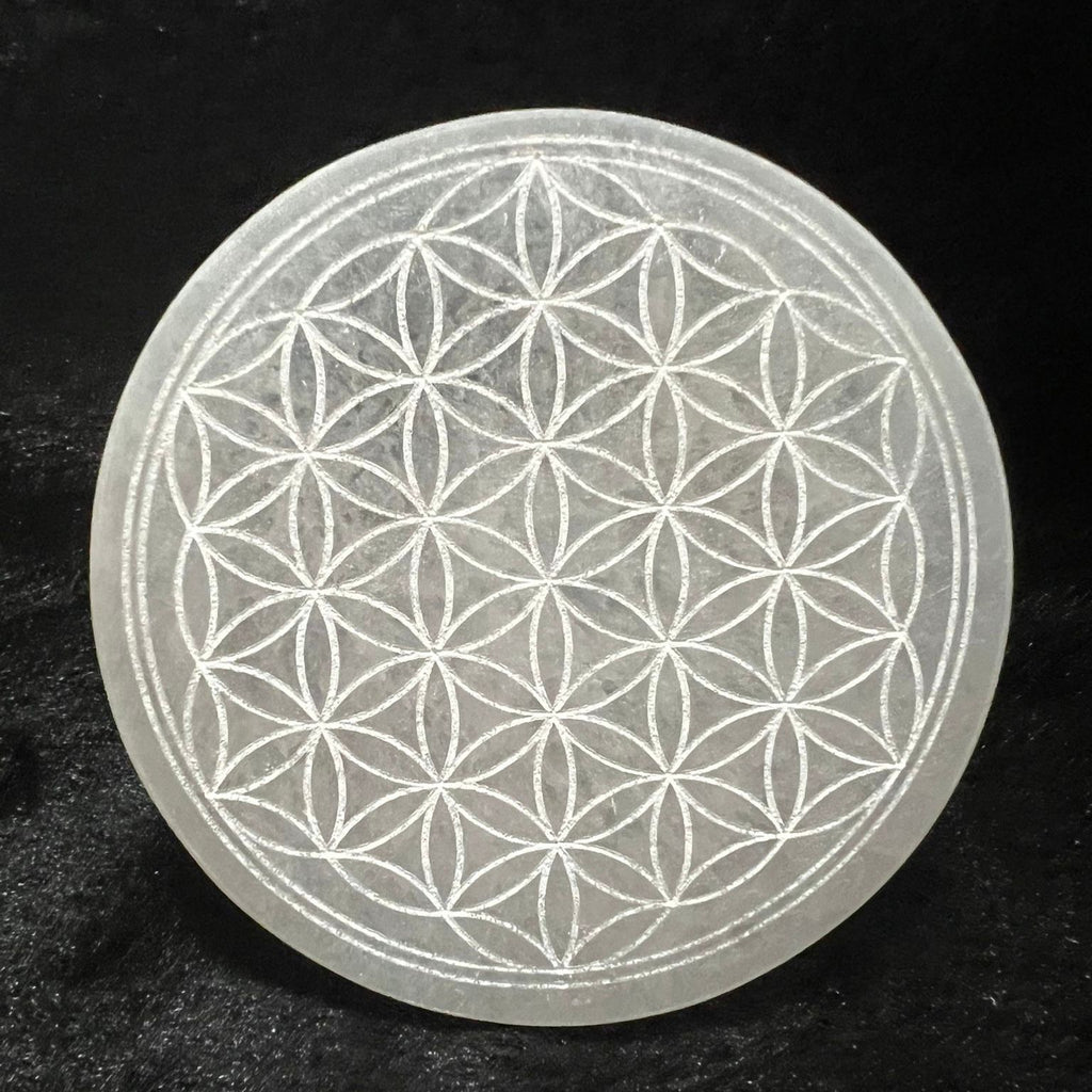 Selenite 10cm Flower of Life Charger with stand (Peru) Pre-coded, activated