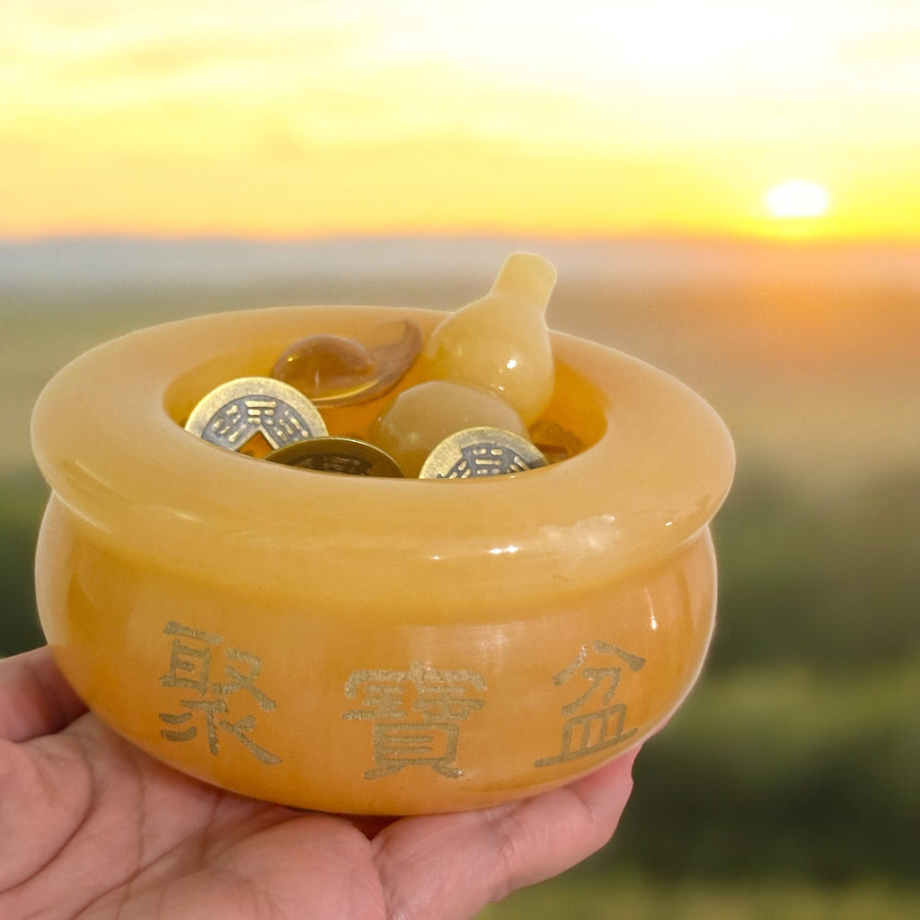 Golden Fortune Bowl Set (with Wu Lou, Ingot, Lucky Coins & High Grade Citrine Chips) Pre-coded & Activated by Audrey Aelthira