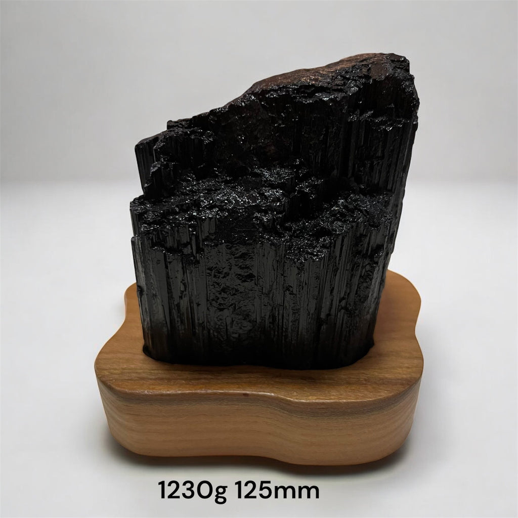 Black Tourmaline Raw with wooden stand (Large) Brazil AAA grade (Pre-activated)