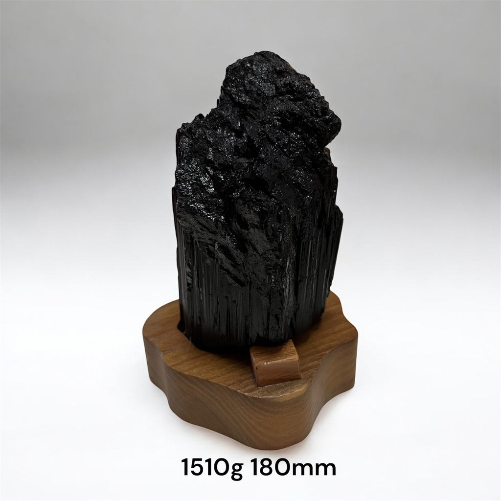 Black Tourmaline Raw with wooden stand (Large) Brazil AAA grade (Pre-activated)