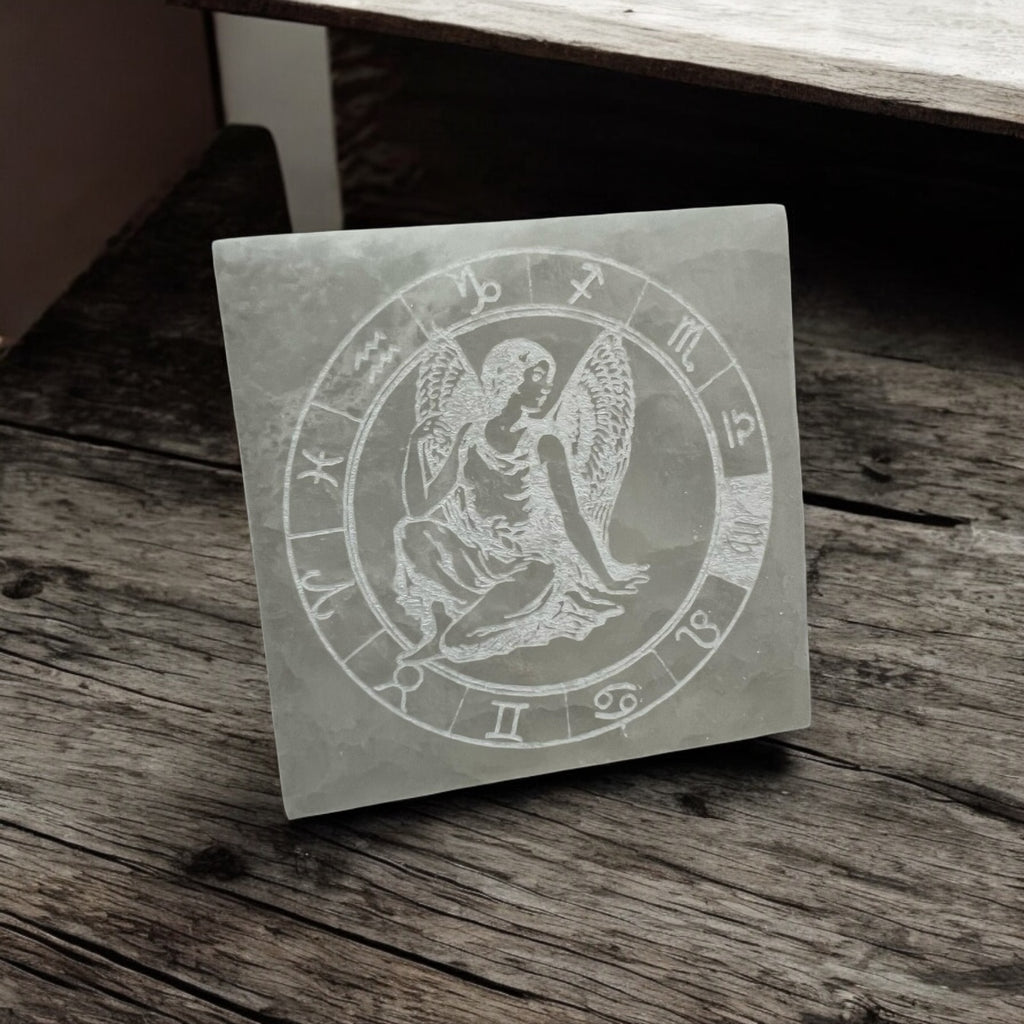 Angel Zodiac Selenite Charging Square Plate 10cm (For Manifestation & Alignment) Pre-coded & Activated