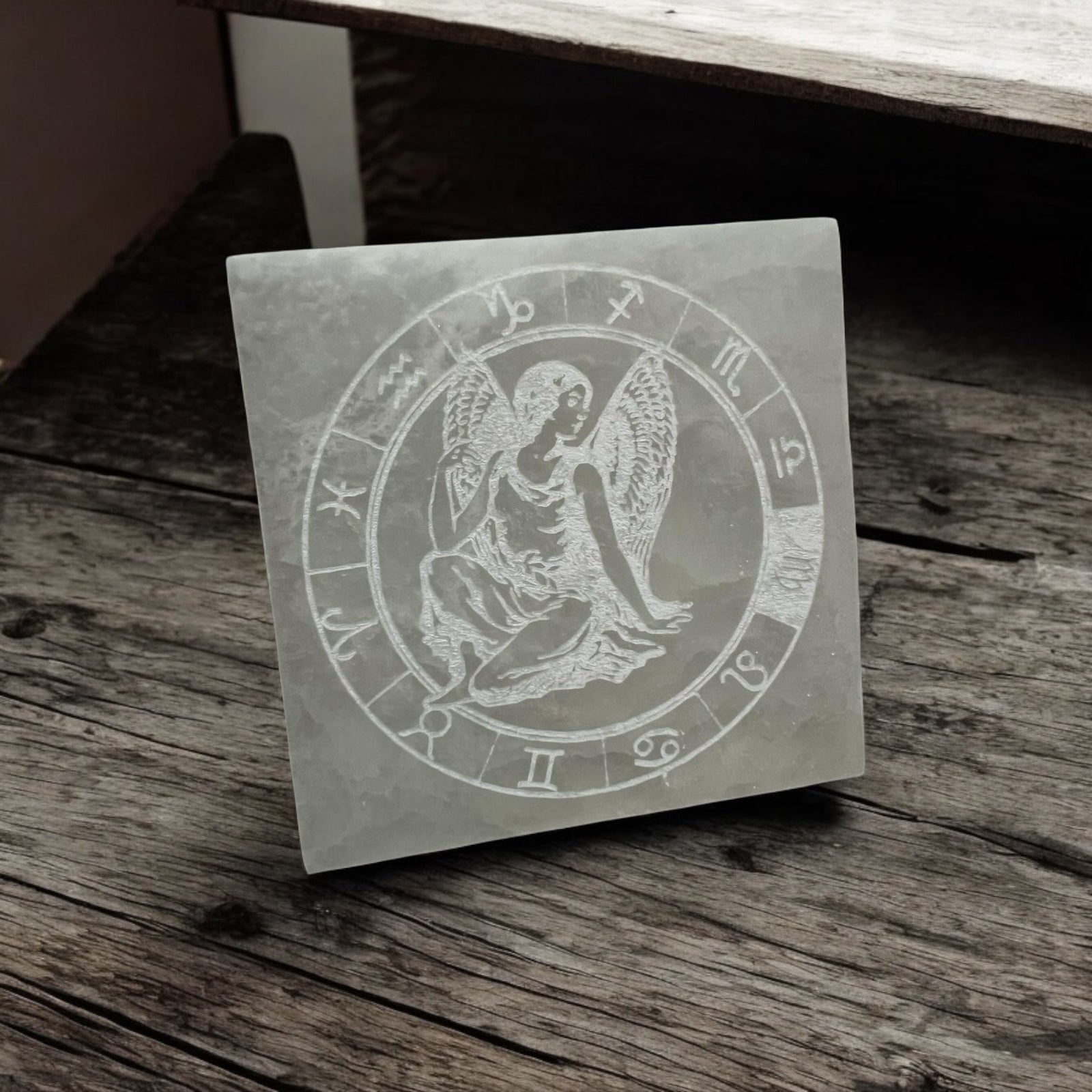 Angel Zodiac Selenite Charging Square Plate 10cm (For Manifestation & Alignment) Pre-coded & Activated