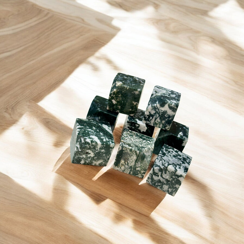 Moss Agate Money Grows Cubes 35mm (Pre-coded & Activated) Lightline Essentials