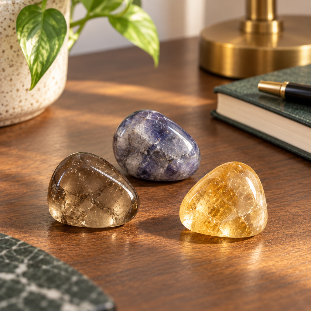 Money Leak Protection Set (Trio Pocket Stones- Iolite, Smoky Quartz & Citrine)