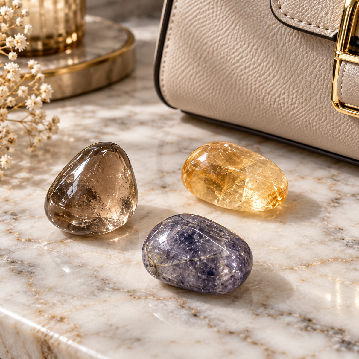 Money Leak Protection Set (Trio Pocket Stones- Iolite, Smoky Quartz & Citrine)