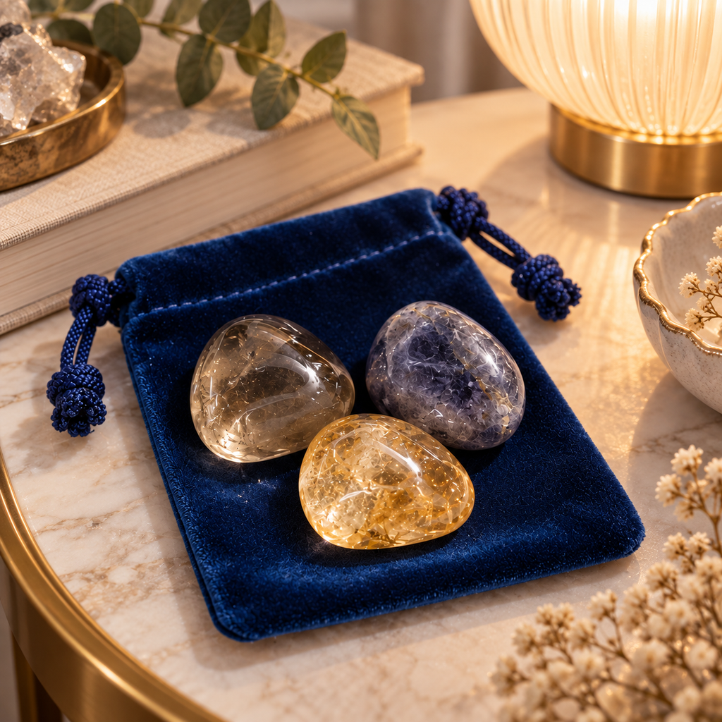 Money Leak Protection Set (Trio Pocket Stones- Iolite, Smoky Quartz & Citrine)