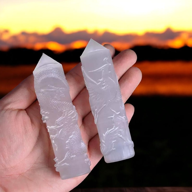 Selenite Phoenix Carved Tower 10cm (Pre-coded & Activated) Other Half of Selenite Dragon Tower