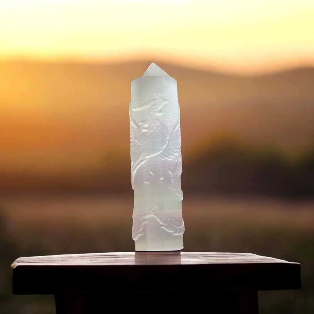 Selenite Phoenix Carved Tower 10cm (Pre-coded & Activated) Other Half of Selenite Dragon Tower