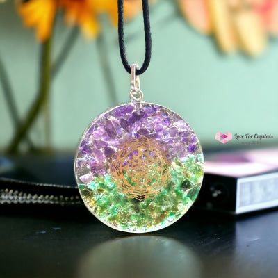Amethyst & Aventurine Pocket Or Pendant Orgonite With Sri Yantra Symbol (Success Luck Happiness)