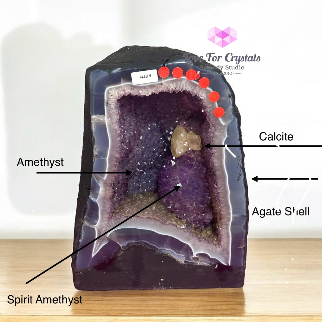 Amethyst Cave in Agate with Calcite Growth and Spirit Amethyst 14.8 kgs (Brazil) 22x31x8cm Amethyst