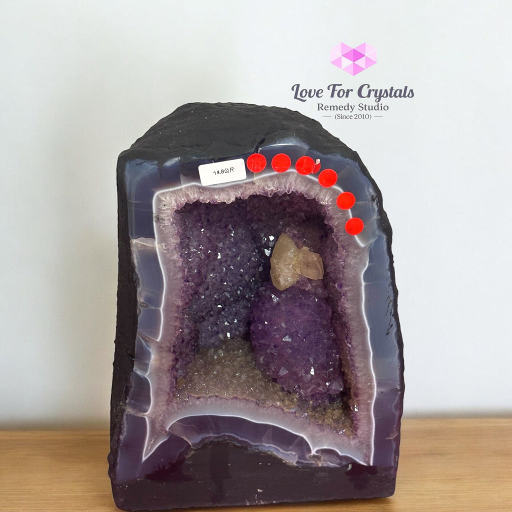 Amethyst Cave in Agate with Calcite Growth and Spirit Amethyst 14.8 kgs (Brazil) 22x31x8cm Amethyst