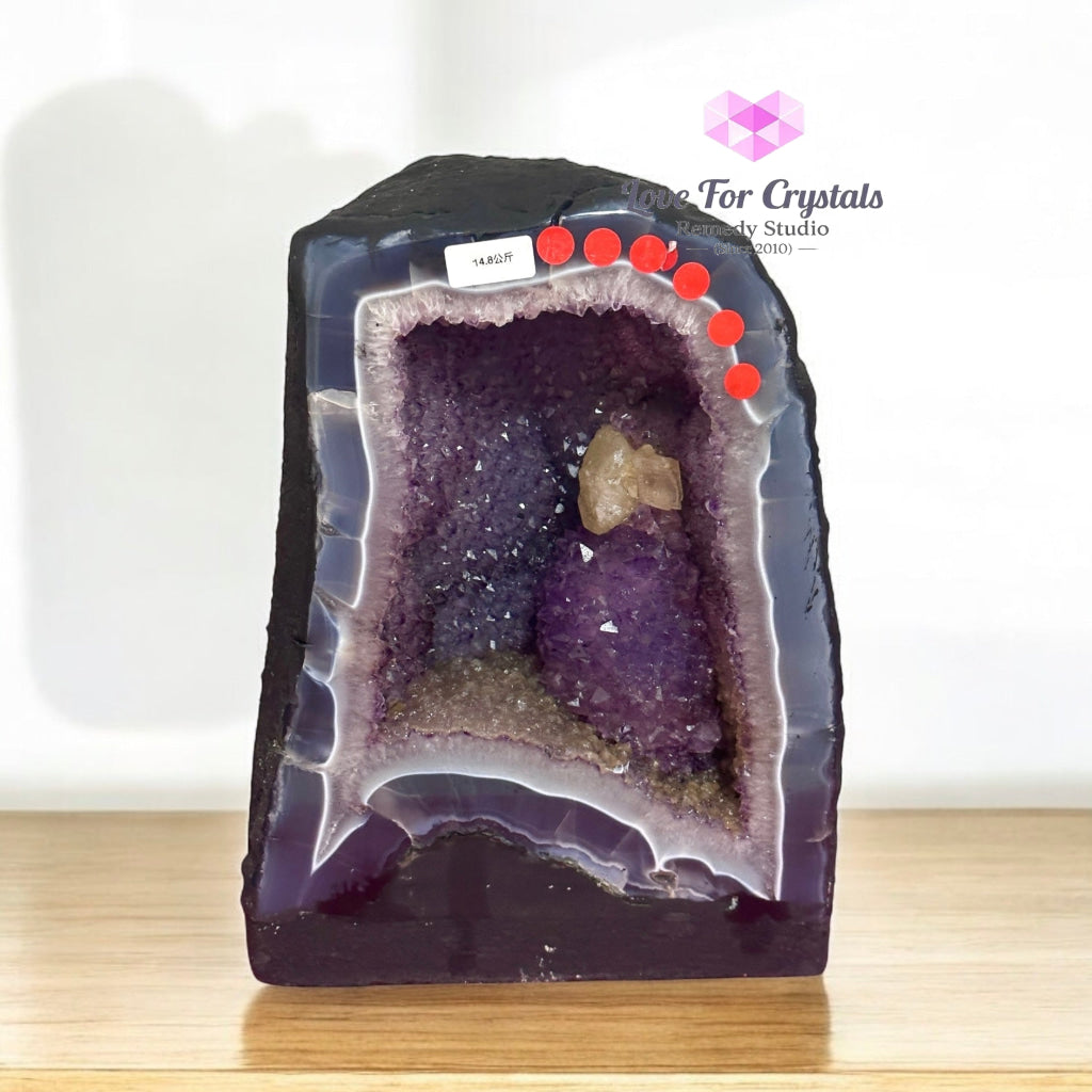 Amethyst Cave in Agate with Calcite Growth and Spirit Amethyst 14.8 kgs (Brazil) 22x31x8cm Amethyst