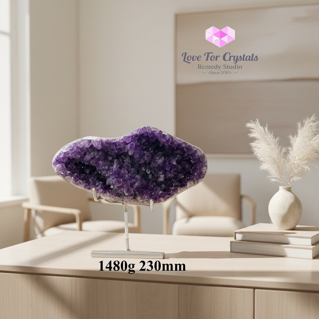 Amethyst Cluster on Agate with Stand (Peace & Success) - 1480g 230mm - Amethyst