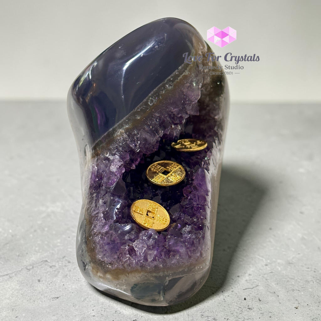 Amethyst on Agate Money Catcher 878g 130mm - 878g 130mm - Amethyst