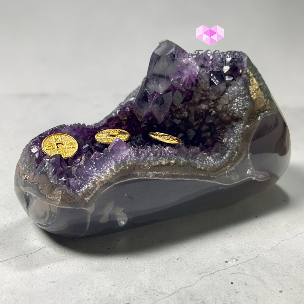 Amethyst on Agate Money Catcher 878g 130mm - 878g 130mm - Amethyst