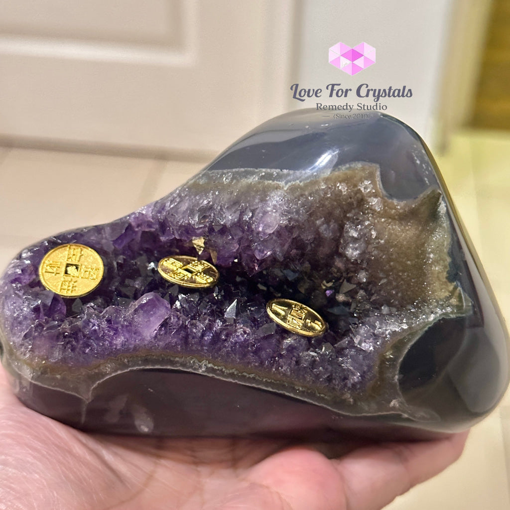 Amethyst on Agate Money Catcher 878g 130mm - 878g 130mm - Amethyst