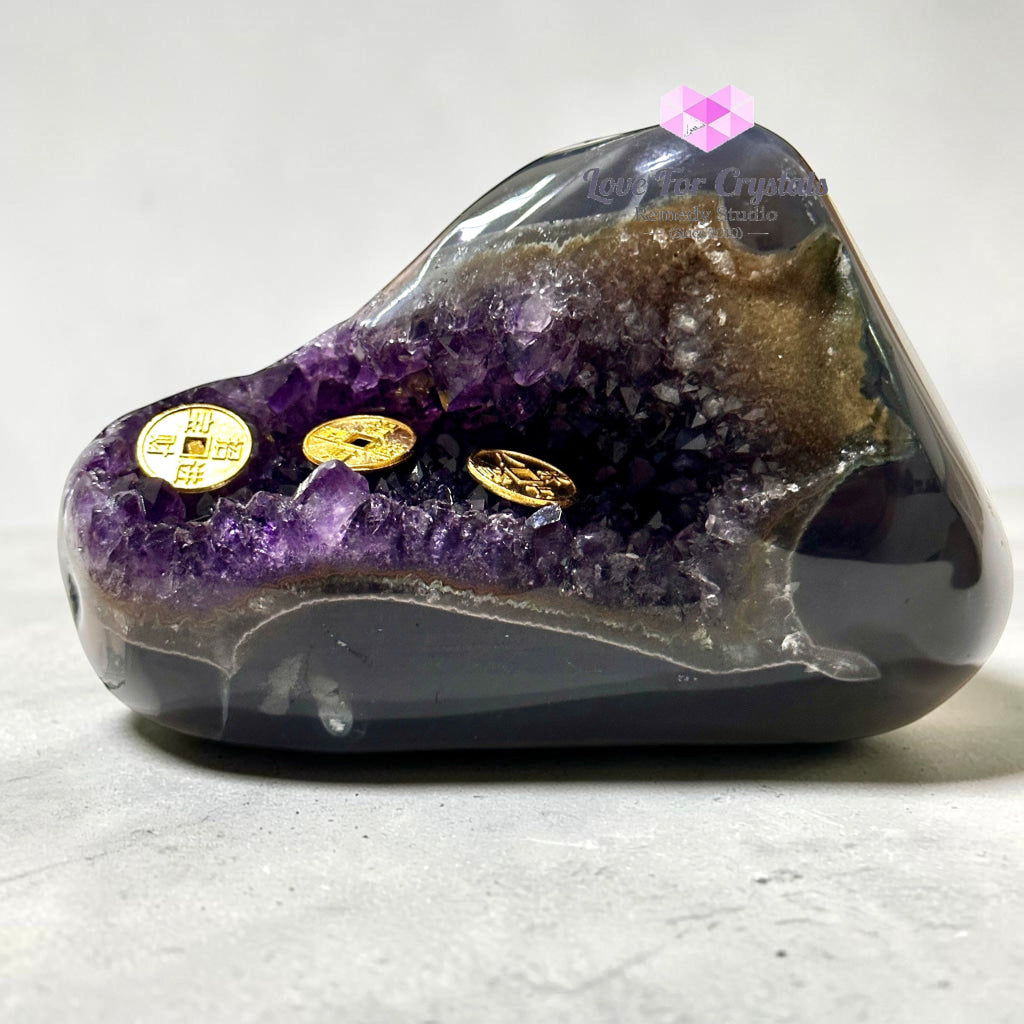 Amethyst on Agate Money Catcher 878g 130mm - 878g 130mm - Amethyst