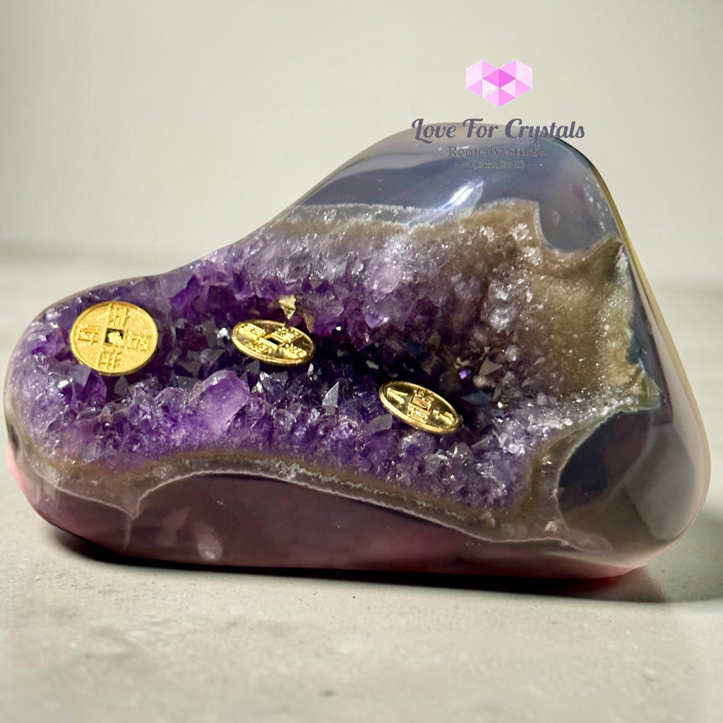 Amethyst on Agate Money Catcher 878g 130mm - 878g 130mm - Amethyst