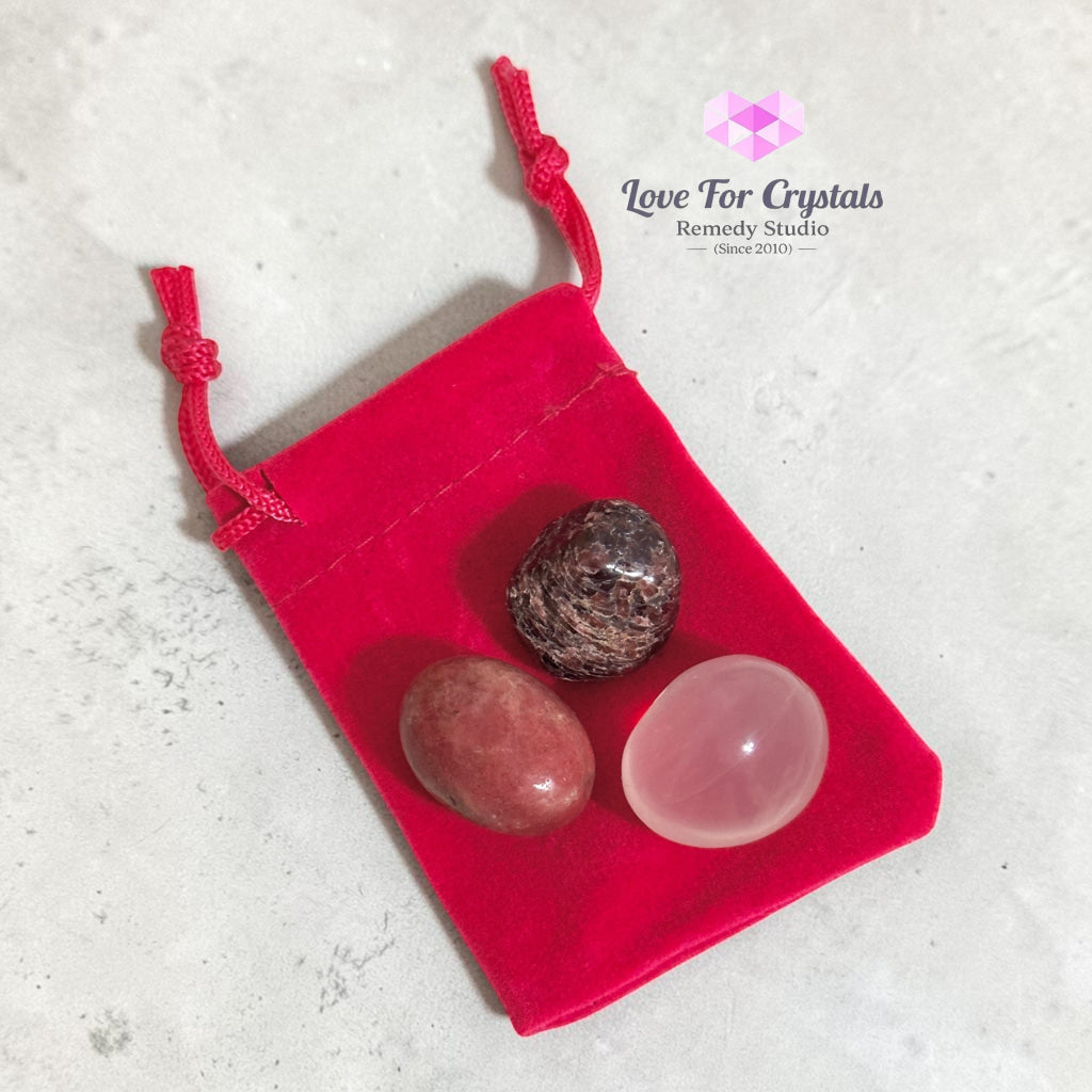 ATTRACT SOULMATE Pocket Remedy Crystal Trio Set (Rose Quartz Rhodonite & Garnet) 15-25mm - 3 Stones Set - Crystal sets
