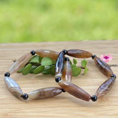 Banded Agate (Long Rice Shaped Bead) With Black Onyx Bracelet(Remedy For Stability And Protection)