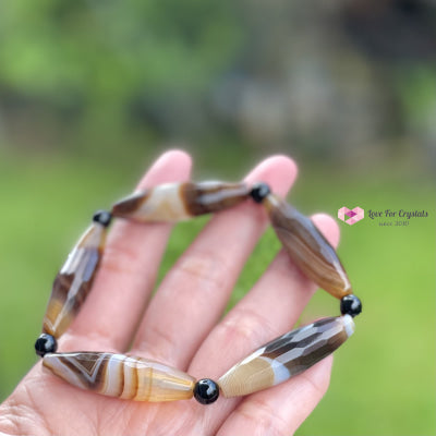Banded Agate (Long Rice Shaped Bead) With Black Onyx Bracelet(Remedy For Stability And Protection)
