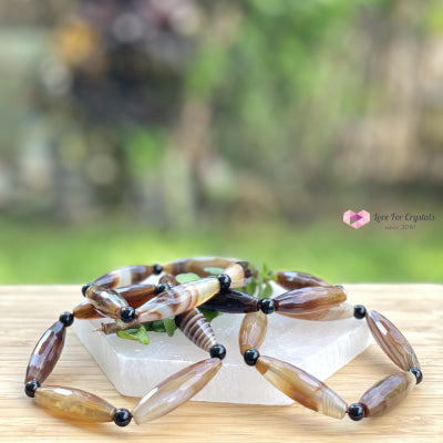 Banded Agate (Long Rice Shaped Bead) With Black Onyx Bracelet(Remedy For Stability And Protection)