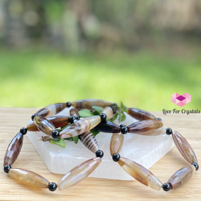 Banded Agate (Long Rice Shaped Bead) With Black Onyx Bracelet(Remedy For Stability And Protection)