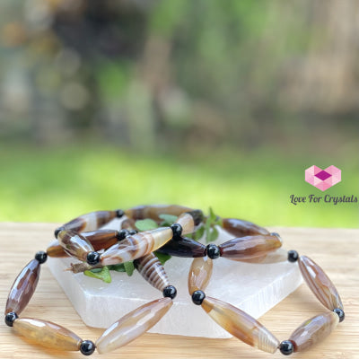 Banded Agate (Long Rice Shaped Bead) With Black Onyx Bracelet(Remedy For Stability And Protection)